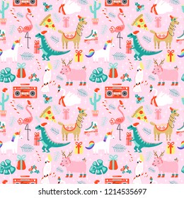 Christmas seamless pattern with cute funny animals 