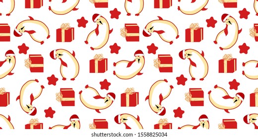 Christmas seamless pattern. Cute funny cartoon penguin. Arctic animals. New Year. Gift in a box.