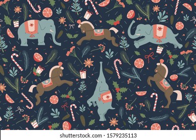 Christmas seamless pattern with cute funny toys: horse, elephant. Christmas vector illustration. 