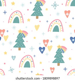 Christmas seamless pattern with cute funny characters. Unique decoration with rainbows, christmas tree, clouds, snowflakes, hearts, sun and balls. Trendy Holiday design elements. Vector illustration.