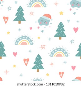 Christmas seamless pattern with cute funny characters. Unique decoration with rainbow, christmas tree, clouds, snowflakes, santa hat, sun and balls. Trendy Holiday design element. Vector illustration.