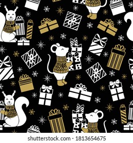 Patrón de Navidad sin fisuras con graciosas mochilas, ardillas y regalos. Ilustración vectorial.