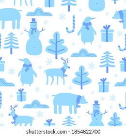 Christmas seamless pattern with cute funny animals. Penguin, bear, reindeer and snowman in winter. Childish background for fabric, wrapping paper, textile, wallpaper and apparel. Vector Illustration