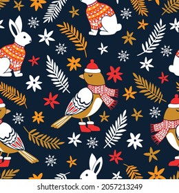 Christmas seamless pattern with cute funny birds, rabbits, leaves and flowers. Vector illustration.	