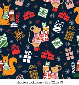 Christmas seamless pattern with cute funny mouses, squirrels and gifts. Vector illustration.	
