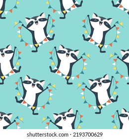 Christmas seamless pattern with cute funny raccoon with garland flags. Vector doodle illustration in simple childish hand drawn cartoon scandinavian style. The limited palette is ideal for printing
