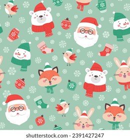 Christmas seamless pattern with cute funny characters for Christmas and New Year celebration. Colorful festive background