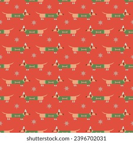 Christmas seamless pattern with cute and funny long dachshund wearing christmas sweater, hat and shoes and snowflakes, with changeable background color. Vector flat illustration for print and design