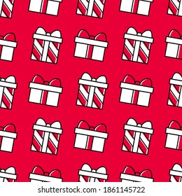 Christmas seamless pattern with cute gift boxes on a bright red background. Cute colorful festive background for Christmas and New Year with striped gift boxes. Cartoon style. Vector illustration