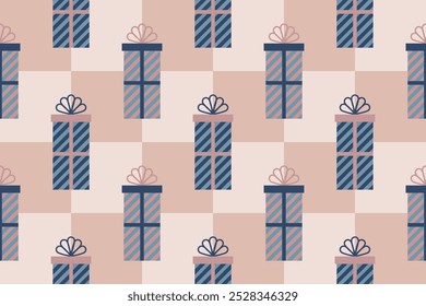 Navidades sin patrón. Cajas de regalo lindas. Celebra el festival. Diseño para la Ilustración vectorial, tela, envoltura, regalo, papel, tarjetas de felicitación.