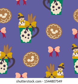 Christmas seamless pattern with cute ginger bread man and tea cup, perfect to use on the web or in print