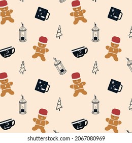 Christmas seamless pattern with cute gingerbread vector background include swatch
