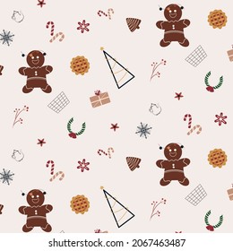 Navidad sin costuras con pan de jengibre lindo y fondo de vectores de ornamento de invierno incluye swatch