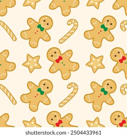 Christmas seamless pattern with cute gingerbread man, stars and candy canes on cream background. Seasonal celebration vector illustration.