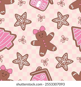 Christmas seamless pattern with   cute gingerbread man, house, snowflake