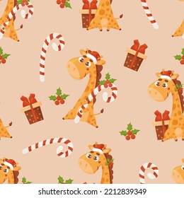 Navidad sin fisuras con jirafa linda en sombrero Santas con caramelo en fondo beige con regalos y hueso. Ornamento vectorial de Año Nuevo para decoración, diseño, impresión, papel pintado, colección infantil.