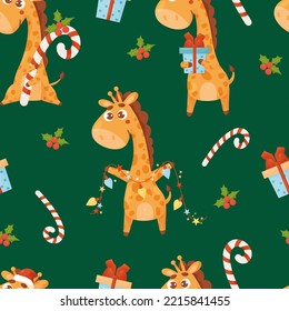 Christmas seamless pattern with cute giraffe with gift, garland and caramel candy on green background. Vector illustration. New Years ornament for decor, design, print, wallpaper, kids collection.
