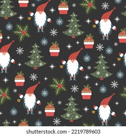 Christmas seamless pattern with cute gnomes on a dark background. Vector design template. Happy New Year background. Season greeting.