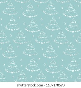 Christmas seamless pattern with cute hand drawn sketchy firs, snowflakes and balls. Tender colors winter texture with white snow pines for textile, wrapping paper, banner, wallpaper, new year decor