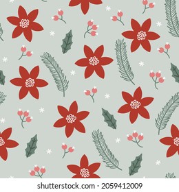 Navidad sin fisuras con tibia poinsettia dibujada a mano, berry y abeto. Diseño floral divertido. Fondo vectorial invernal para envolver papel, tarjeta, impresión, regalo, tela, papel pintado, textil, web.