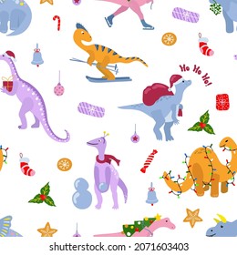 Christmas seamless pattern. Cute hand drawn dinosaurs. Design for fabric, textile, packaging, wrapping paper.