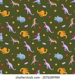 Christmas seamless pattern. Cute hand drawn dinosaurs. Design for fabric, textile, packaging, wrapping paper.