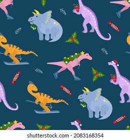 Christmas seamless pattern. Cute hand drawn dinosaurs. Design for fabric, textile, packaging, wrapping paper,  nursery.		