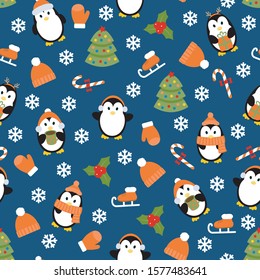 Christmas seamless pattern with cute handdrwn penguins, Christmas tree, skates and winter clothes. Vector illustration.