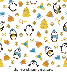 Christmas seamless pattern with cute handdrwn penguins, Christmas tree, skates and winter clothes. Vector illustration.
