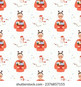 Christmas seamless pattern. Cute happy elderly woman with New Year gifts and balls on white background with funny dog. Vector illustration for festive design, wallpaper, packaging, textile