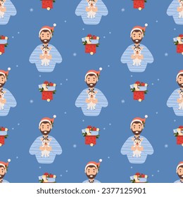 Christmas seamless pattern. Cute happy man with New Year gift funny puppy on blue background. Vector illustration for festive design, wallpaper, packaging, textile