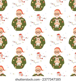 Patrón de Navidad sin fisuras. Un feliz hombre mayor con regalo de Año Nuevo perro gracioso de fondo blanco. Ilustración vectorial para diseño festivo, papel pintado, embalaje, textil