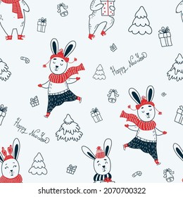 Christmas seamless pattern. Cute hares in winter clothes on light background with New Years decor. Vector illustration. outline Linear pattern for decor, design, packaging, wallpaper and textile
