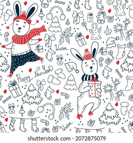 Christmas seamless pattern. Cute hares in winter clothes with gifts on white background with New Years Linear decor, Christmas trees, sweets and socks. Vector illustration. outline pattern for decor 