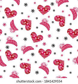 Christmas seamless pattern with cute hats and paper hearts in red, white and black colors. Flat trendy vector illustration, line art