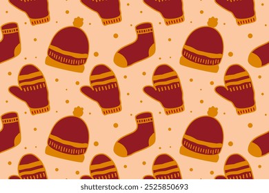 Christmas seamless pattern. Cute Hats, gloves and socks hand drawn. Celebrate festival. Design for background, vector illustration, fabric, clothing, carpet, textile, gift, paper, greeting cards.