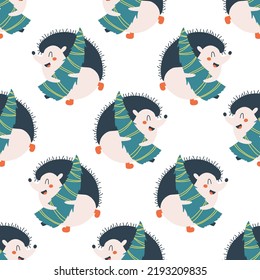 Christmas seamless pattern with a cute hedgehog runs with a Christmas tree. Vector doodle illustration in simple childish hand drawn cartoon scandinavian style. The limited palette.