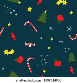 Christmas Seamless Pattern, Cute Holiday Illustration Pattern With Candy Cane, Tree, Candy, Snowflakes, Stars, Apples On Dark Blue Background
