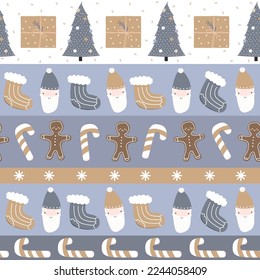 Patrón de Navidad sin fisuras con adorables elementos de vacaciones. Feliz Año Nuevo impreso. Ilustración dibujada a mano por vectores.