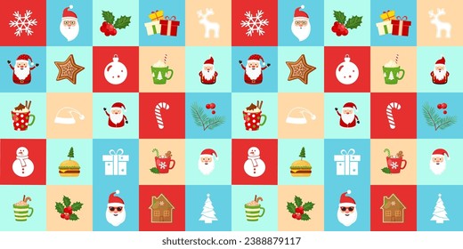 Christmas seamless pattern, cute holiday background, cartoon elements. Geometric winter print. Decoration bg. Vector illustration