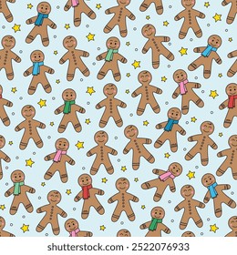 Christmas seamless pattern. Cute holiday background with cartoon gingerbread cookies. Vector illustration