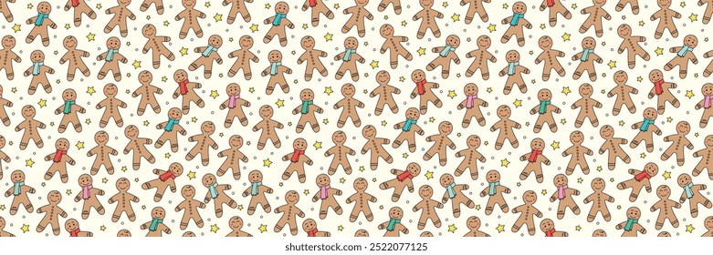 Christmas seamless pattern. Cute holiday background with cartoon gingerbread cookies. Vector illustration
