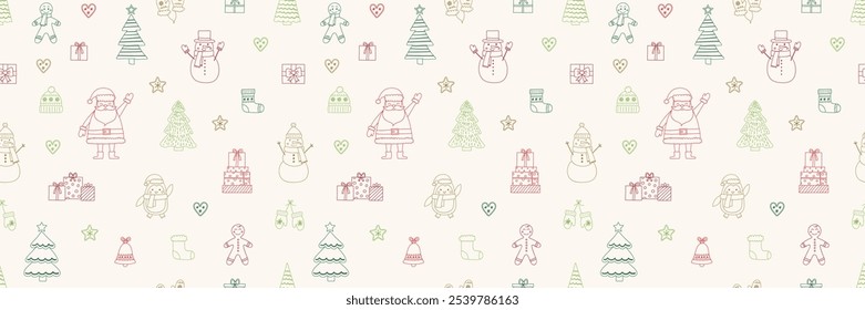 Christmas seamless pattern. Cute holiday background with cartoon ornaments. Vector illustration