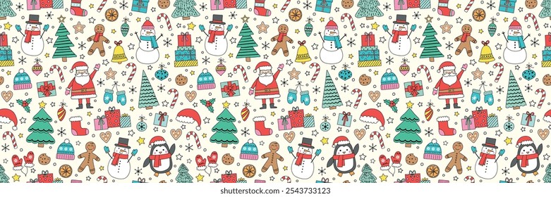 Christmas seamless pattern. Cute holiday background with cartoon ornaments. Vector illustration