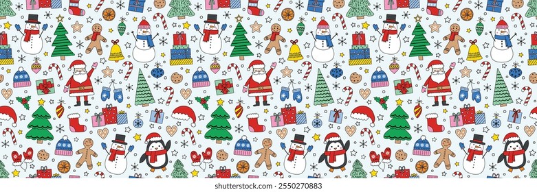 Christmas seamless pattern. Cute holiday background with cartoon ornaments. Vector illustration