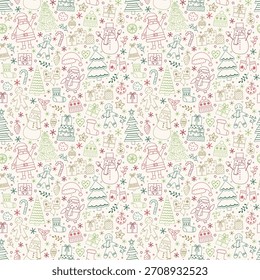 Christmas seamless pattern. Cute holiday background with cartoon ornaments. Vector illustration