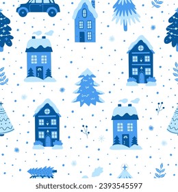 Christmas seamless pattern with cute houses and car with Christmas tree. Winter holiday vector background