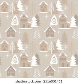 Christmas seamless pattern with cute houses and snowy fir trees. Winter village background, vector illustration, design for wallpaper, wrapping, textile printing.