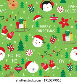 christmas seamless pattern with cute christmas icon on green color background