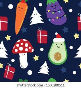 Christmas seamless pattern with cute images of vegetables. 
Avocado, mushrooms, eggplant, carrot, сhristmas tree, illuminated garland, stars. 
Vector illustration.
